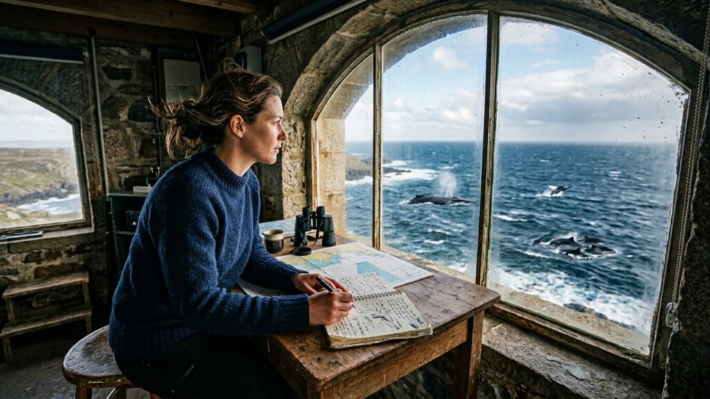 Mulher se muda sozinha para um farol desativado na Noruega e passa a monitorar a migração de baleias na costa gelada