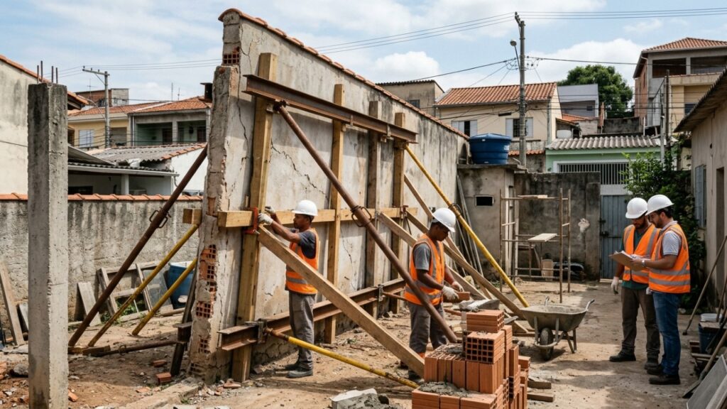 Parede da casa vizinha começa a inclinar sobre o quintal, proprietário diz que só fará reforma quando cair e moradores buscam agir antes do acidente