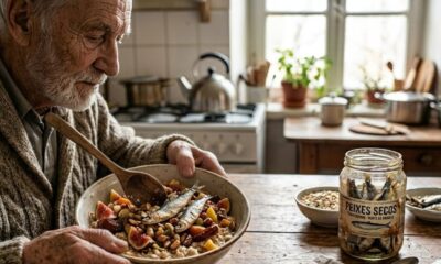Homem idoso com barba comendo tigela de mingau com peixes secos, frutas. Pote 'Peixes Secos' na mesa