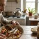 Homem idoso com barba comendo tigela de mingau com peixes secos, frutas. Pote 'Peixes Secos' na mesa