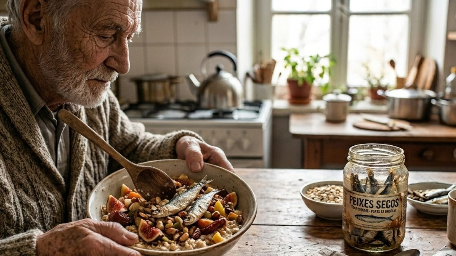 Homem idoso com barba comendo tigela de mingau com peixes secos, frutas. Pote 'Peixes Secos' na mesa