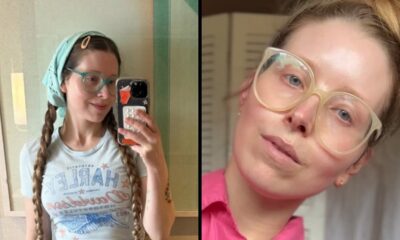 Jessie Cave em duas fotos. À esquerda, óculos verdes, bandana azul, tranças, camiseta Harley. À direita, óculos grandes, cabelo preso