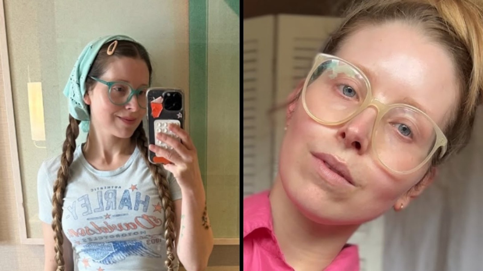 Jessie Cave em duas fotos. À esquerda, óculos verdes, bandana azul, tranças, camiseta Harley. À direita, óculos grandes, cabelo preso