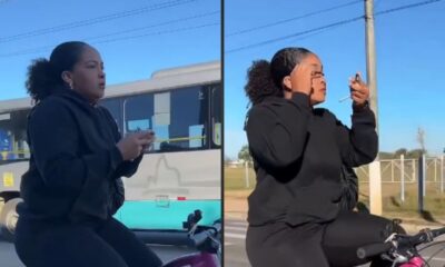 Mulher de hoodie preto em duas cenas, maquiando-se e pedalando uma bicicleta na rua