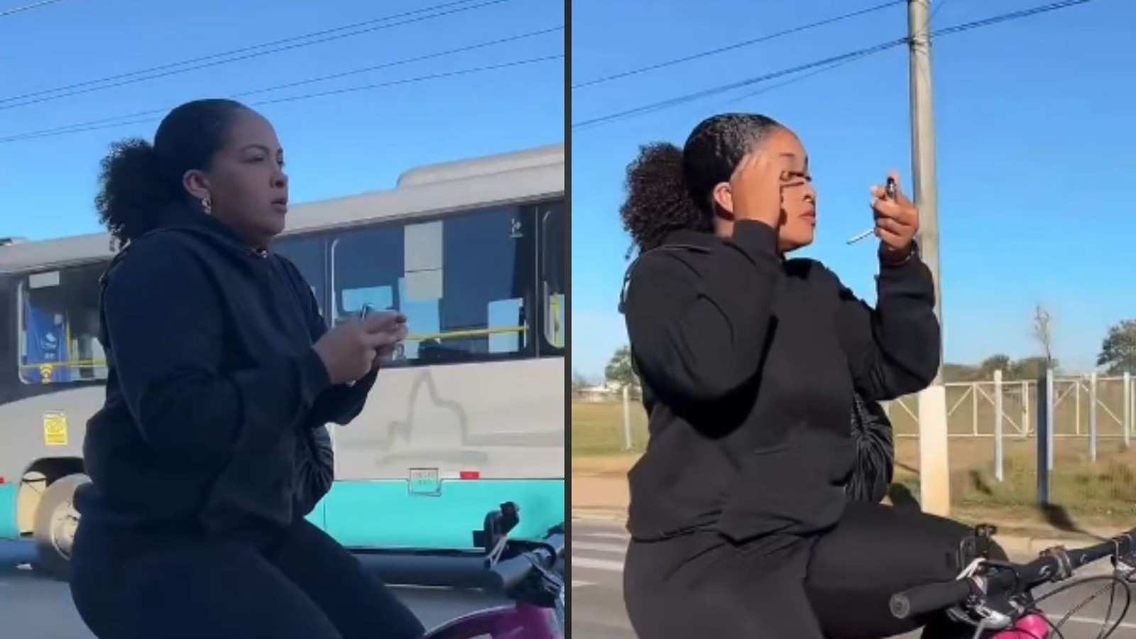 Mulher de hoodie preto em duas cenas, maquiando-se e pedalando uma bicicleta na rua