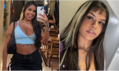 Alana Alves da Silva em duas fotos: selfie sorrindo com língua e retrato com franja e mechas loiras.