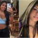 Alana Alves da Silva em duas fotos: selfie sorrindo com língua e retrato com franja e mechas loiras.