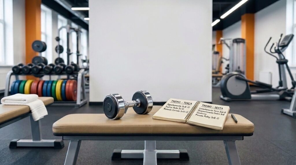 Halter ao lado de um caderno com dois dias fixos de treino anotados, simbolizando constância na musculação