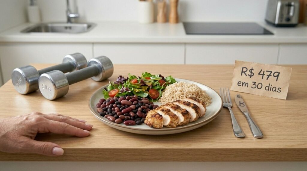 Prato com frango, arroz, feijão e salada ao lado de halteres sobre uma mesa de cozinha