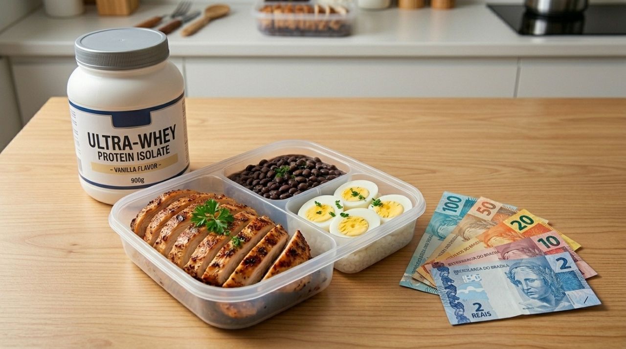 Refeição com frango, feijão e ovos ao lado de pote de whey protein e notas de reais, representando economia na alimentação proteica
