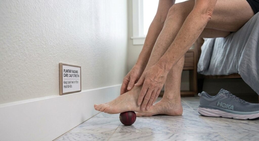 Pessoa adulta sentada na beira da cama massageando a sola do pé com uma bola pequena.