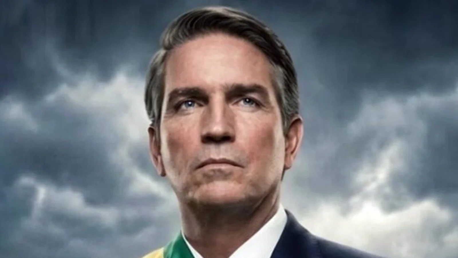 Retrato digital de Jair Bolsonaro com feições sérias, terno, faixa presidencial e céu nublado