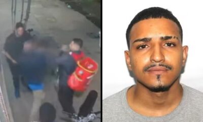 Imagem dividida: à esquerda, cena borrada de agressão; à direita, retrato de homem com bigode e cavanhaque