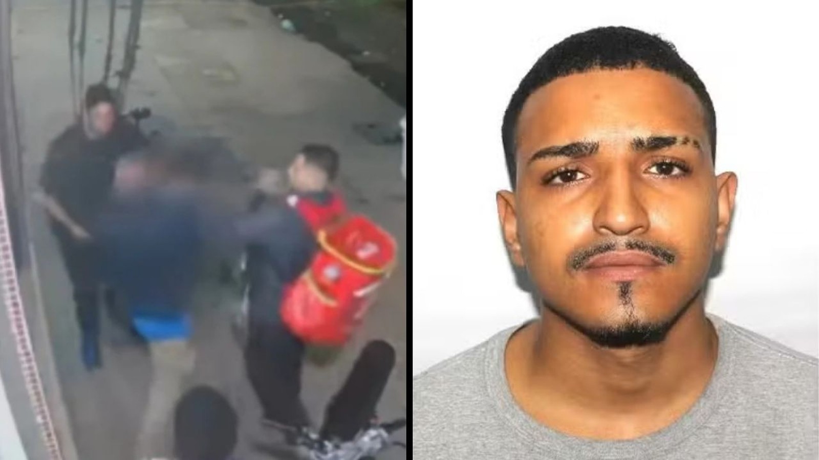 Imagem dividida: à esquerda, cena borrada de agressão; à direita, retrato de homem com bigode e cavanhaque