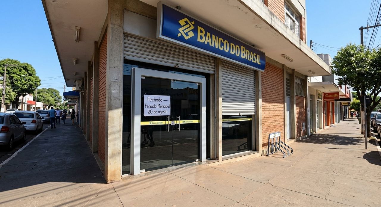 Fachada de agência bancária fechada em Catalão, com aviso de feriado municipal em 20 de agosto.
