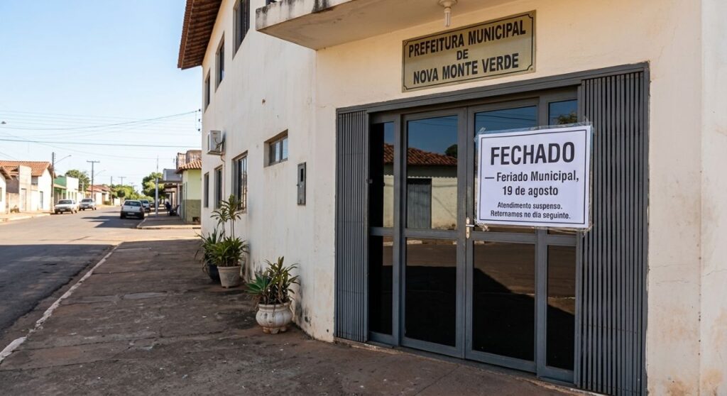 Entrada de repartição pública fechada com aviso de feriado municipal em 19 de agosto.