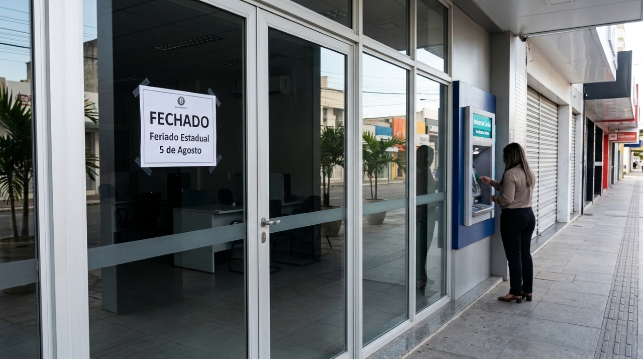 Agência bancária fechada com placa informando o feriado estadual de 5 de agosto e caixa eletrônico disponível ao lado