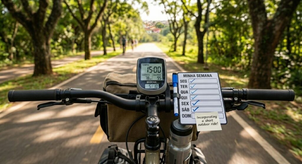 Bicicleta ergométrica pronta para uso em casa, com painel exibindo tempo de treino e resistência moderada.