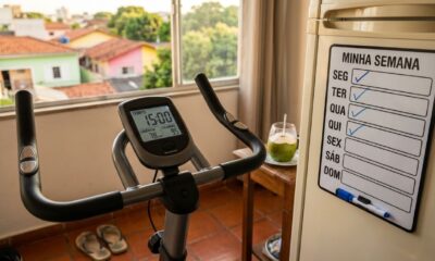 Bicicleta ergométrica em ambiente doméstico com painel marcando 15 minutos e calendário indicando quatro sessões semanais.