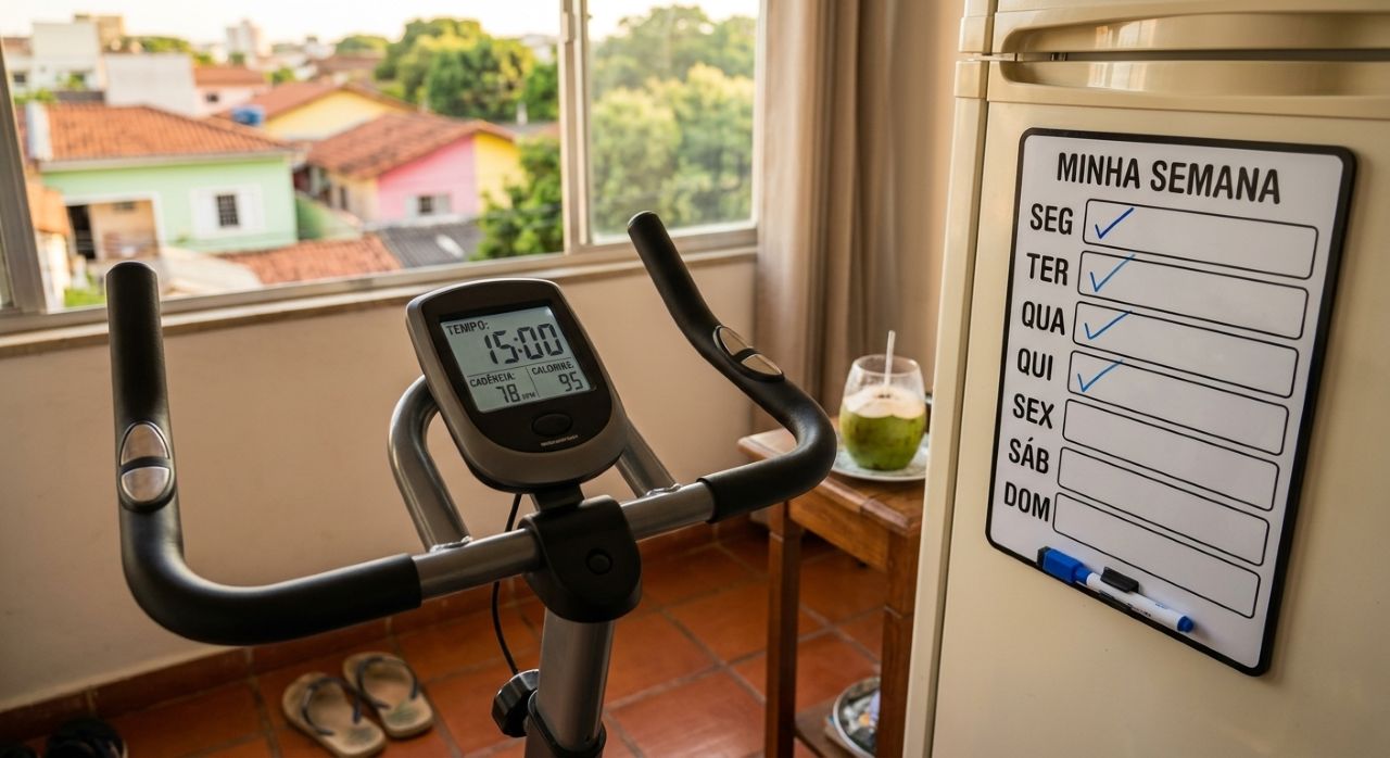 Bicicleta ergométrica em ambiente doméstico com painel marcando 15 minutos e calendário indicando quatro sessões semanais.