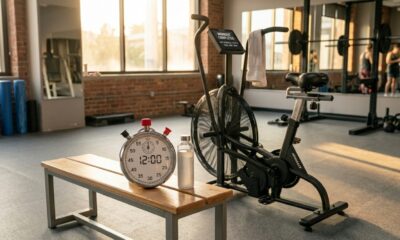 Cronômetro marcando 12 minutos ao lado de uma bicicleta ergométrica em academia, representando um treino curto de HIIT.