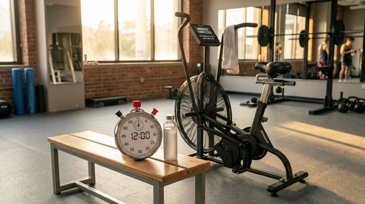 Cronômetro marcando 12 minutos ao lado de uma bicicleta ergométrica em academia, representando um treino curto de HIIT.