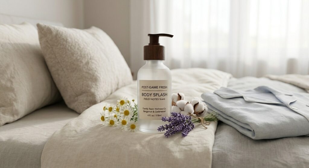 Frasco de body splash ao lado de pijama claro, com algodão, camomila e lavanda compondo a cena.