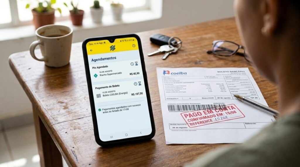 Celular com aplicativo bancário aberto ao lado de boleto, representando pagamento antecipado antes do feriado.