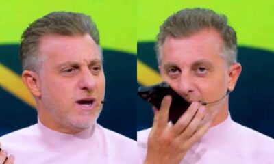 Luciano Huck em imagem dividida, falando e atendendo o celular em estúdio de TV
