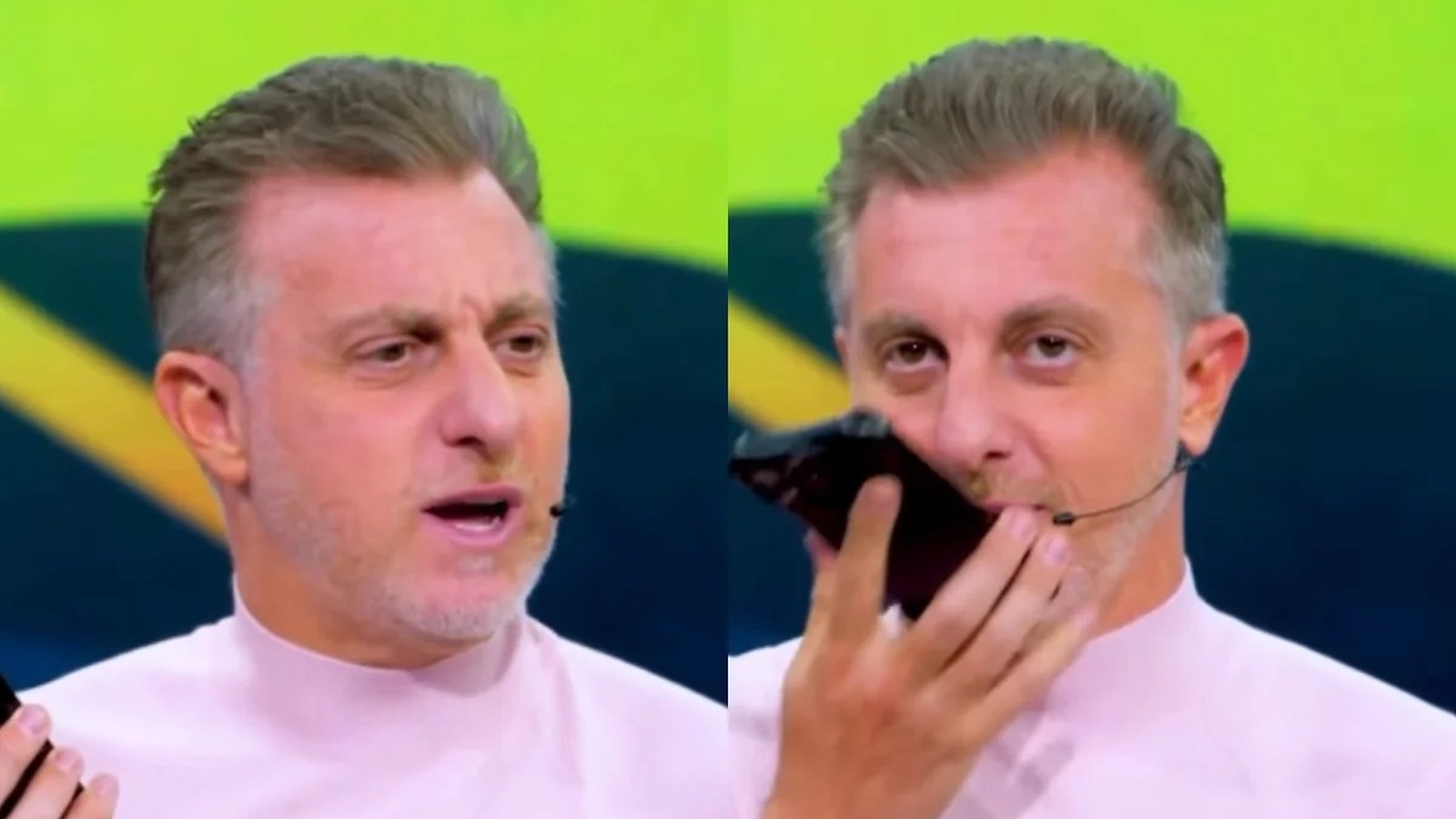 Luciano Huck em imagem dividida, falando e atendendo o celular em estúdio de TV