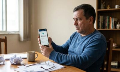 Homem sério olha para celular com app exibindo 'Pix Recebido R$ 8.000,00'