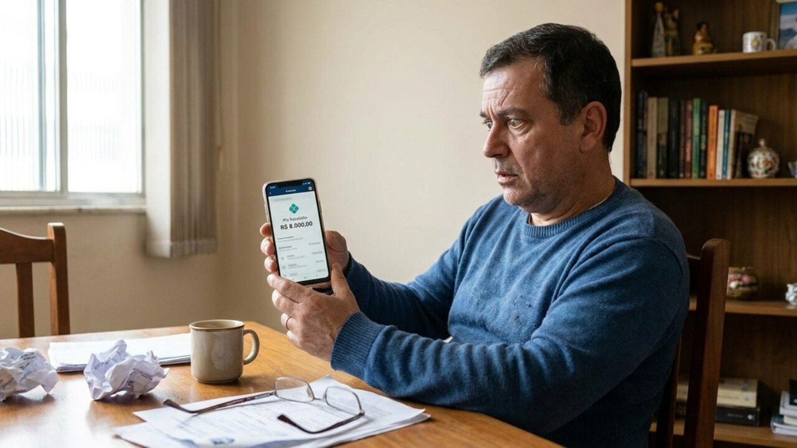 Homem sério olha para celular com app exibindo 'Pix Recebido R$ 8.000,00'