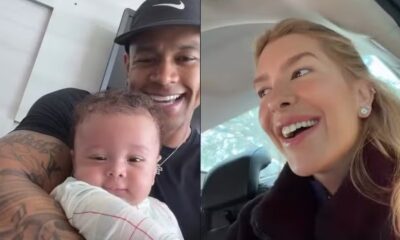 Tela dividida mostra Léo Santana com bebê Levi sorrindo e Lorena Improta sorrindo no carro.