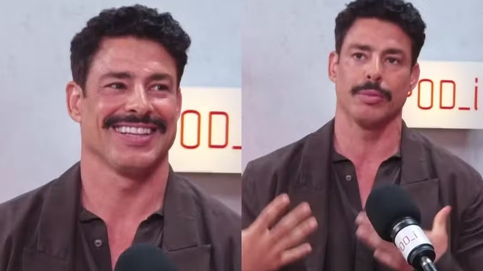 Cauã Reymond com bigode em podcast, sorrindo e gesticulando, fundo com logo "POD_i"