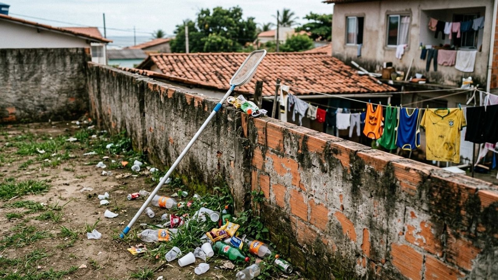 Terreno com lixo acumulado ao lado de um muro de tijolos e rede de piscina