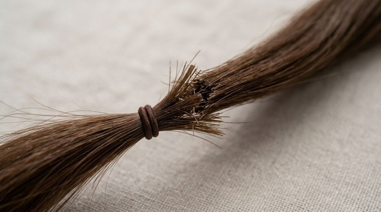 Elástico fino apertando uma mecha de cabelo castanho com fios quebrados na região presa