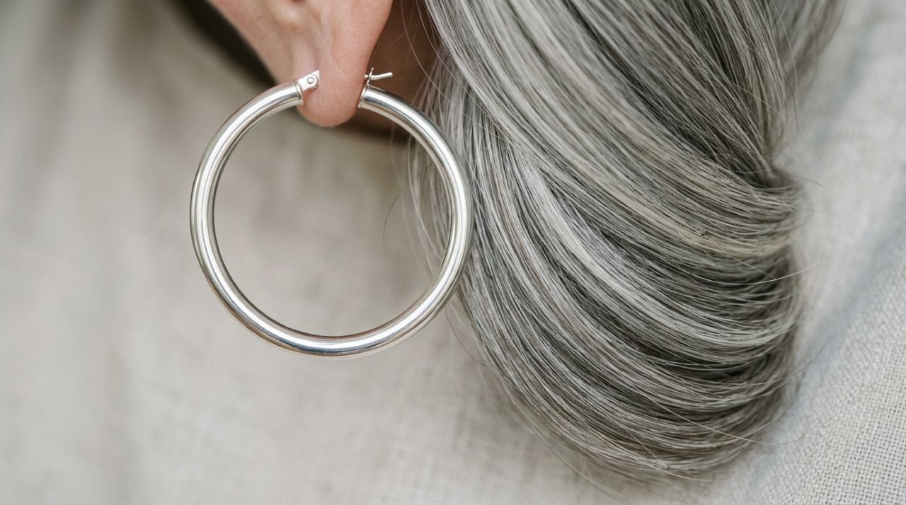 Argola prateada ao lado de uma mecha de cabelo grisalho, destacando a combinação entre o brilho do metal e os fios claros.