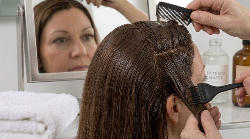 Raiz do cabelo dividida em mechas finas, com coloração aplicada nas têmporas e na divisão central