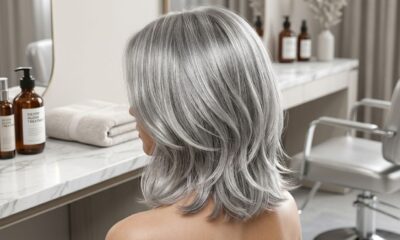 Cabelo feminino grisalho prateado em corte long bob com camadas suaves e movimento natural.