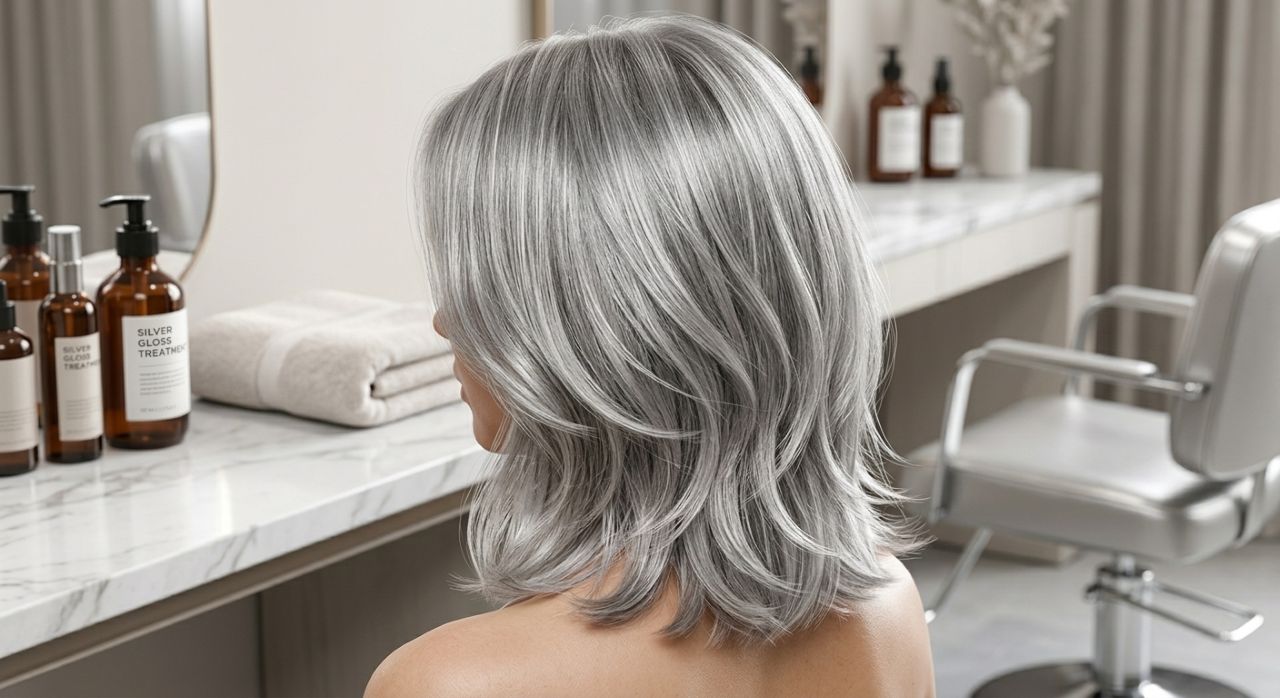 Cabelo feminino grisalho prateado em corte long bob com camadas suaves e movimento natural.