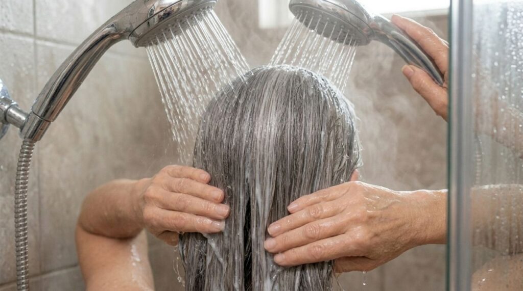 Mecha de cabelo grisalho sendo enxaguada com água morna, com condicionador aplicado no comprimento e nas pontas.