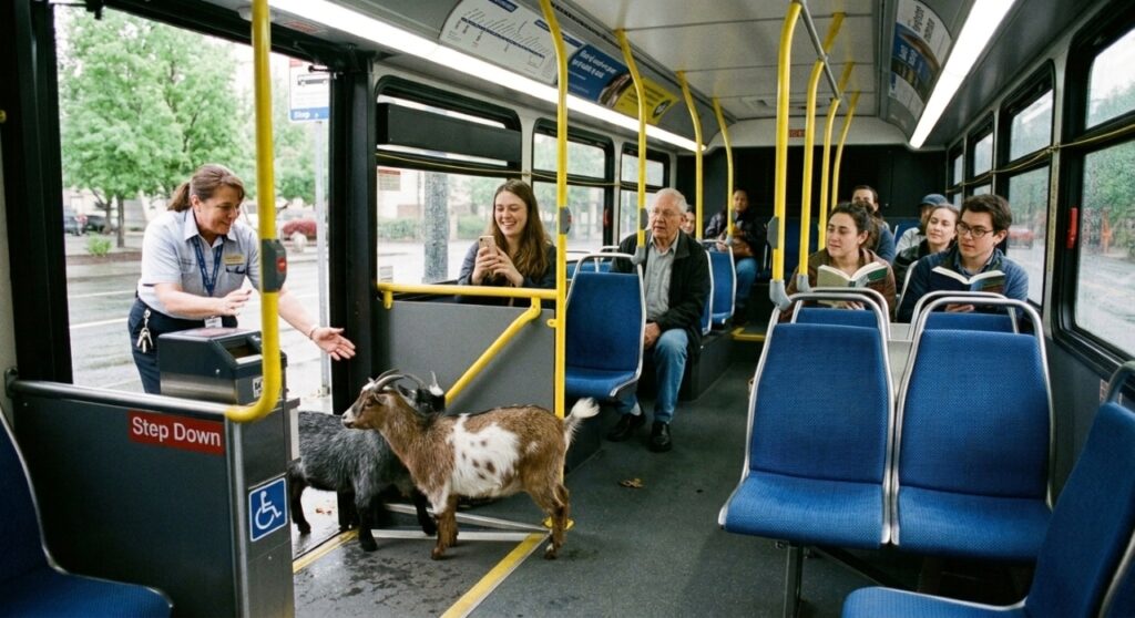 Duas cabras pigmeias sendo guiadas para fora de um ônibus urbano pela porta aberta em Portland.