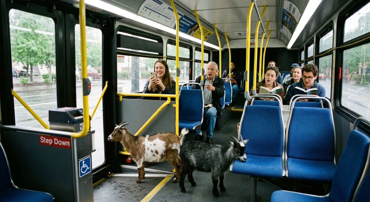 Duas cabras pigmeias dentro de um ônibus urbano em Portland após embarcarem junto com passageiros.