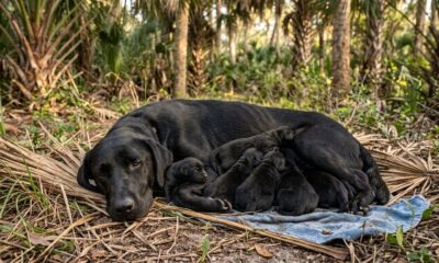 Labrador preta magra deitada entre palmeiras com 11 filhotes recém-nascidos junto ao corpo