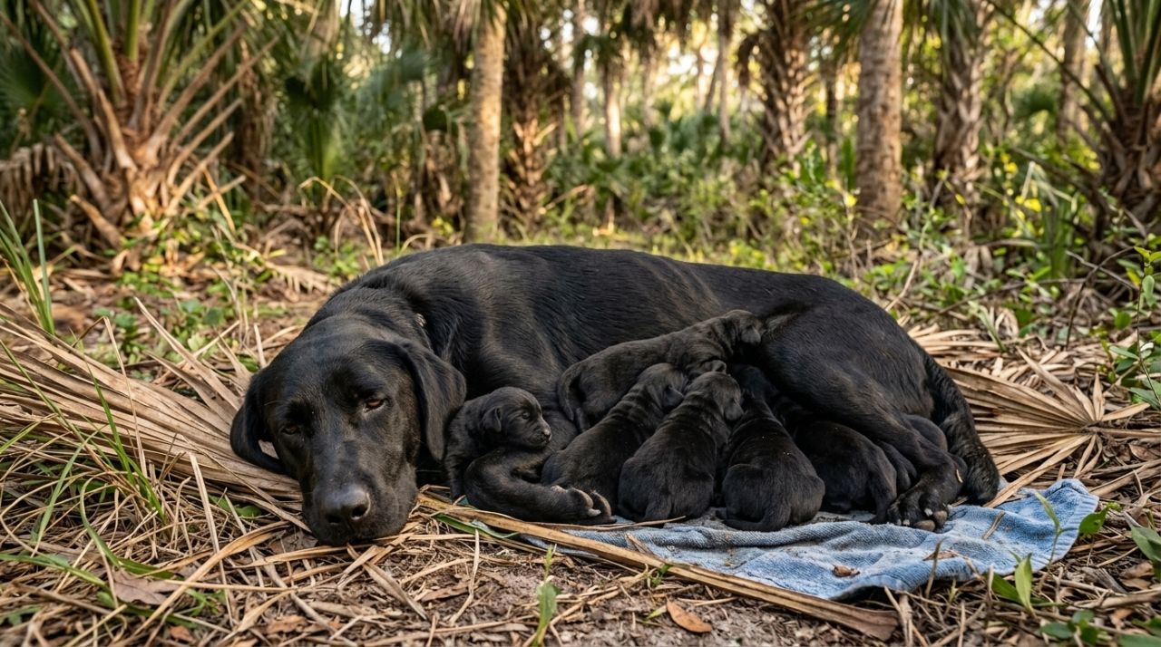 Labrador preta magra deitada entre palmeiras com 11 filhotes recém-nascidos junto ao corpo