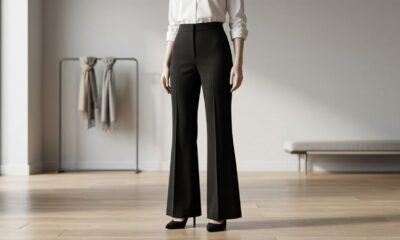 Calça flare preta de cintura alta combinada com camisa branca e sapato de salto discreto, formando um look feminino elegante e de silhueta alongada