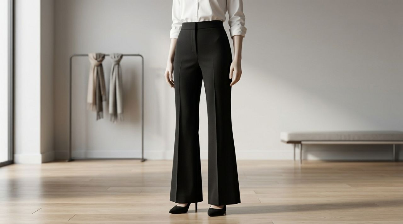 Calça flare preta de cintura alta combinada com camisa branca e sapato de salto discreto, formando um look feminino elegante e de silhueta alongada