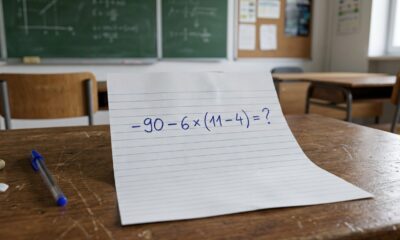 Folha sobre uma mesa de estudos com a expressão “100 − (6² ÷ 4) × 7” escrita em destaque e um lápis ao lado, sem mostrar o resultado