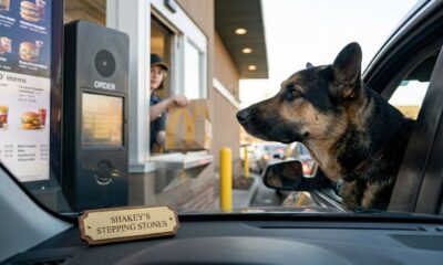 Cão mestiço de pastor-alemão ao lado de um carro no drive-thru do McDonald’s, apontando o focinho para o painel de pedidos