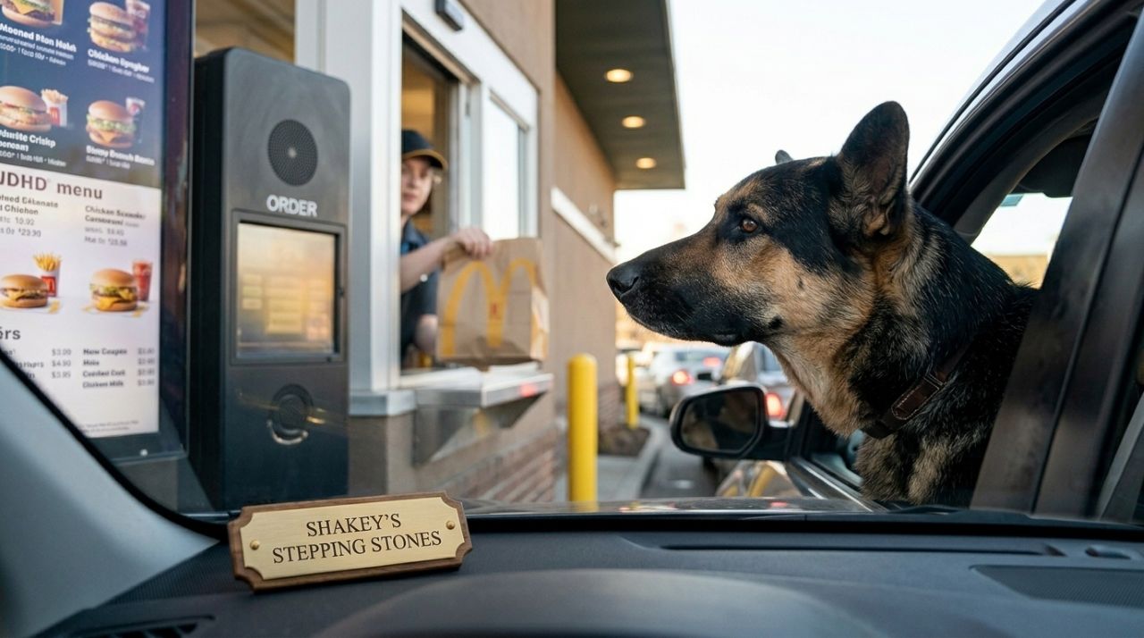 Cão mestiço de pastor-alemão ao lado de um carro no drive-thru do McDonald’s, apontando o focinho para o painel de pedidos